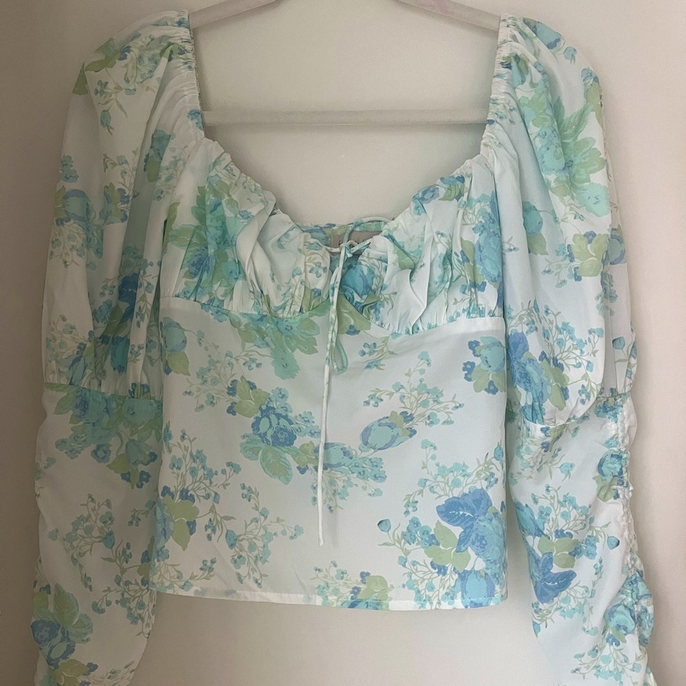 Blue & Green Floral Puff Long Sleeve Blouse | M 💚🩵